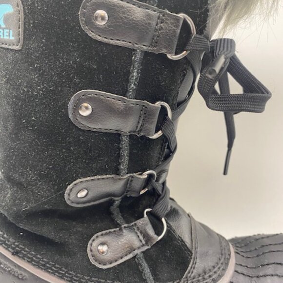 Kids SOREL black and blue lace up snow boots faux fur - Picture 8 of 13